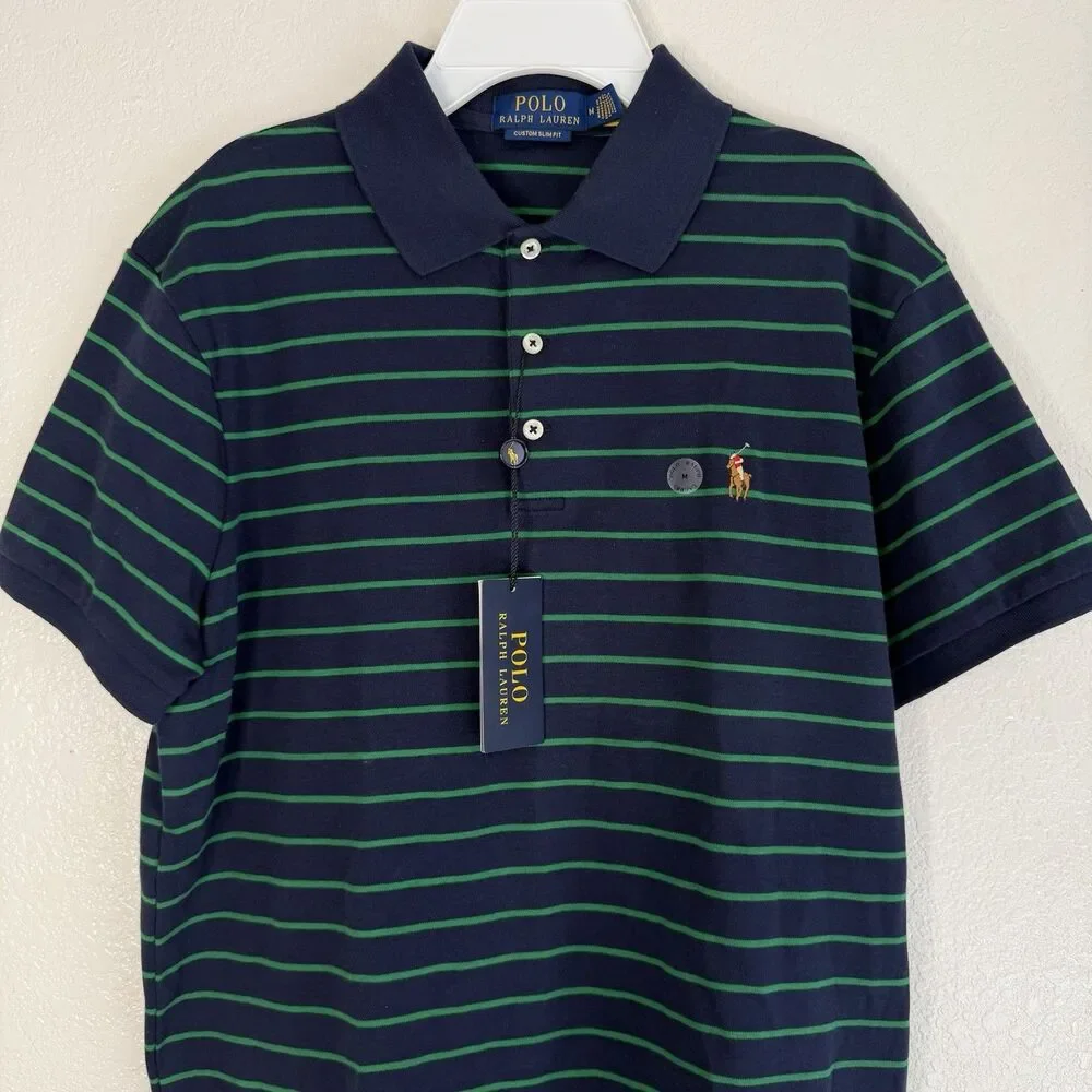 Polo Ralph Lauren Navy Green Striped Polo MEDIUM Custom Slim Fit Cotton Preppy